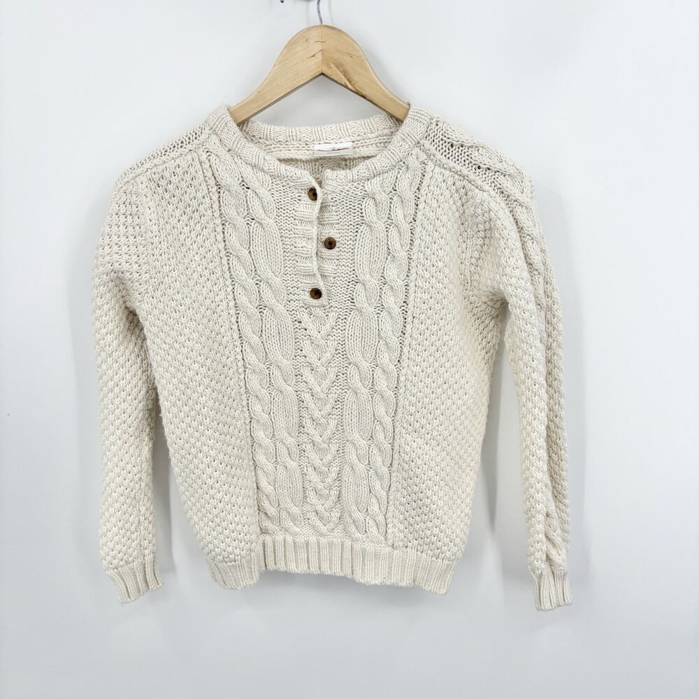 Hanna Andersson Sweater Kids 130 8 Fisherman Chunky Cable Knit Ivory Wool Cotton